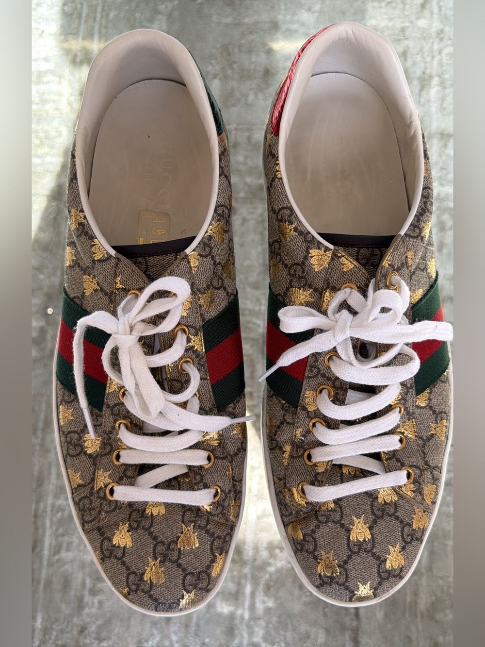 Gucci Brown Bee-Print Low-Top Sneakers with Red & Green Web